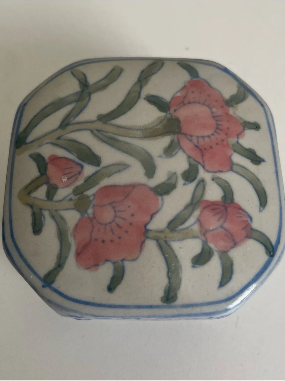 Vintage Ceramic Trinket Box Hexagon Hand Painted Floral Motif Pink Green 3.25”